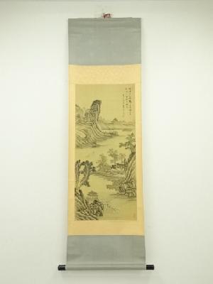 中国　高澹人筆　水墨山水　肉筆絹本掛軸（保護箱）